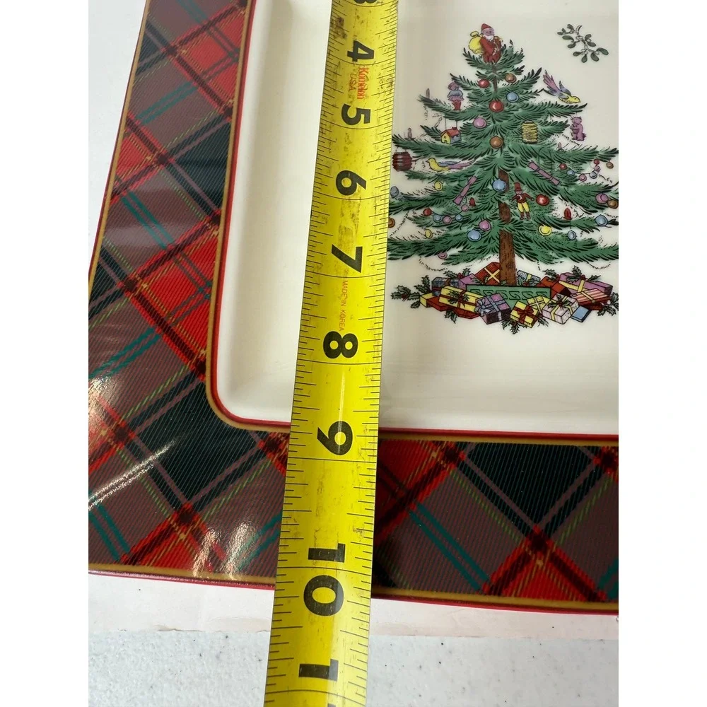 Spode Christmas Tree Tartan Square Platter 10in Red Green Plaid